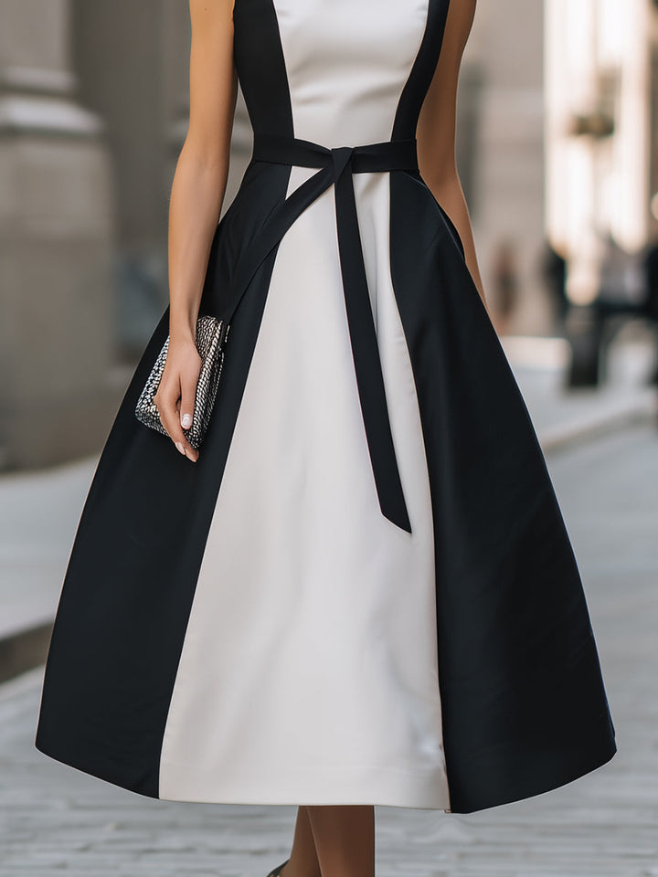 Olivia Bennet | Contrast Panel Sleeveless Belted A-Line Midi Dress