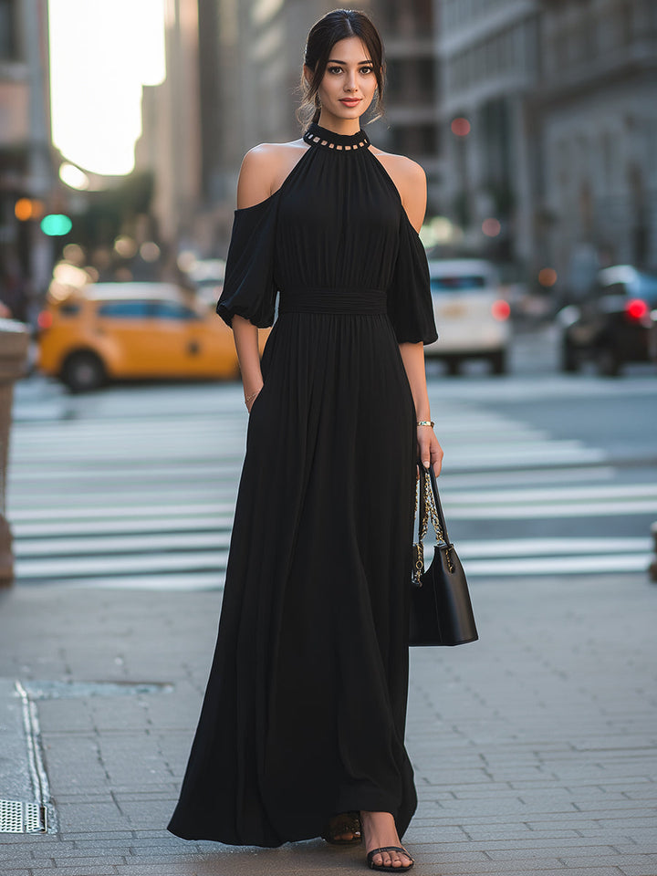 Olivia Bennet | Cold-Shoulder Halter Neck Cutout Detail Flowing Maxi Dress
