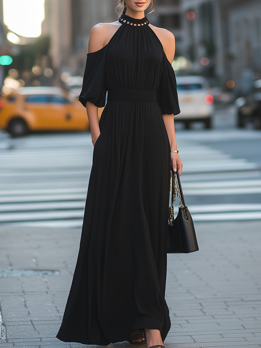 Olivia Bennet | Cold-Shoulder Halter Neck Cutout Detail Flowing Maxi Dress