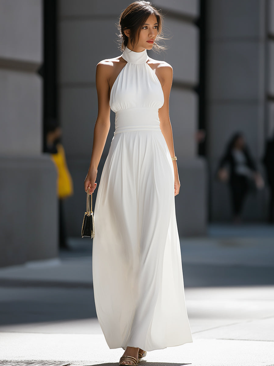 Olivia Bennet | High-Neck Halter Cutout Waist Flowing Maxi Dress