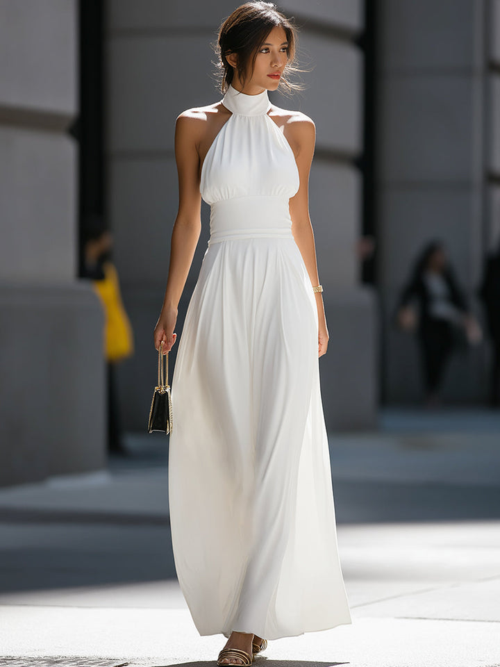 Olivia Bennet | High-Neck Halter Cutout Waist Flowing Maxi Dress
