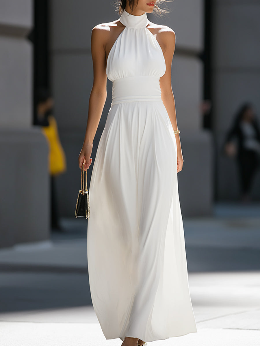 Olivia Bennet | High-Neck Halter Cutout Waist Flowing Maxi Dress