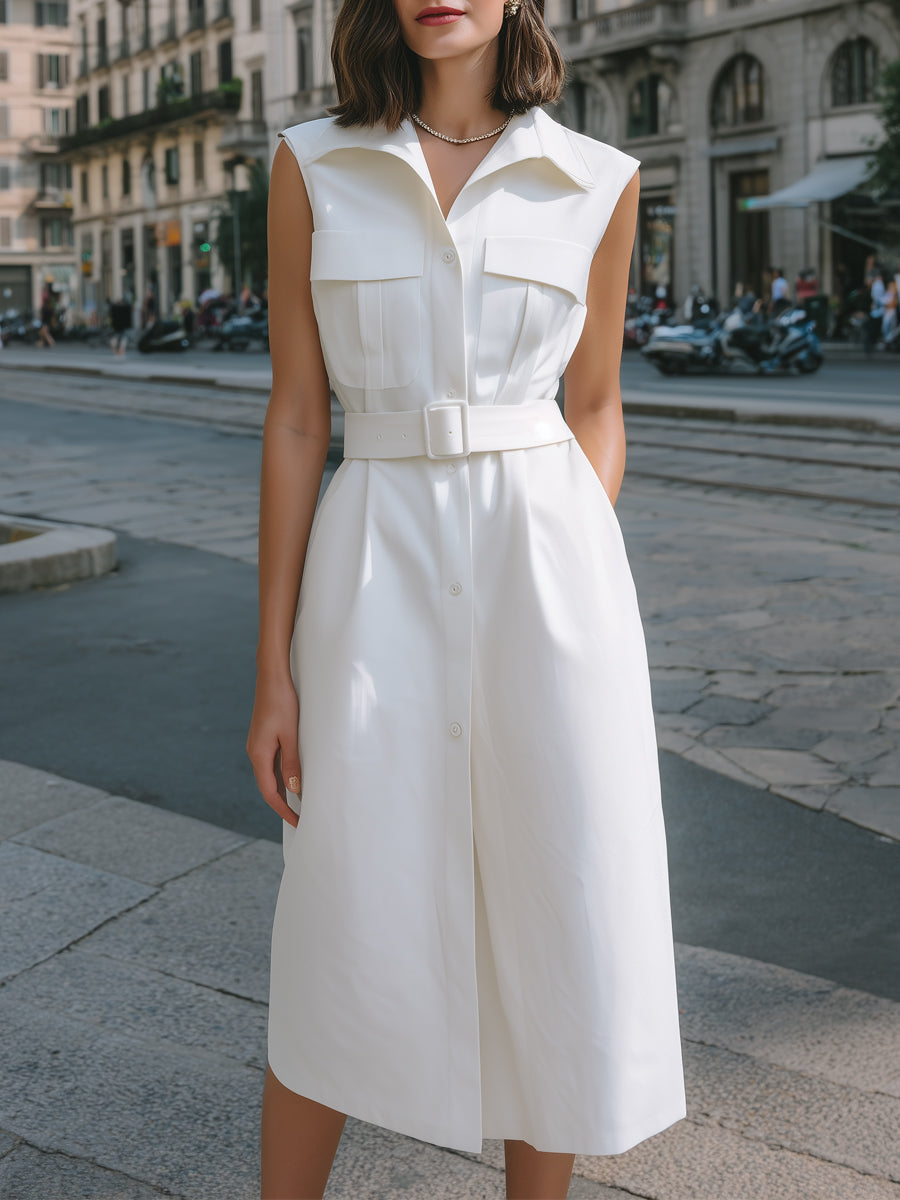 Olivia Bennet | Sleeveless Utility Pocket Belted Shirt Midi Dress