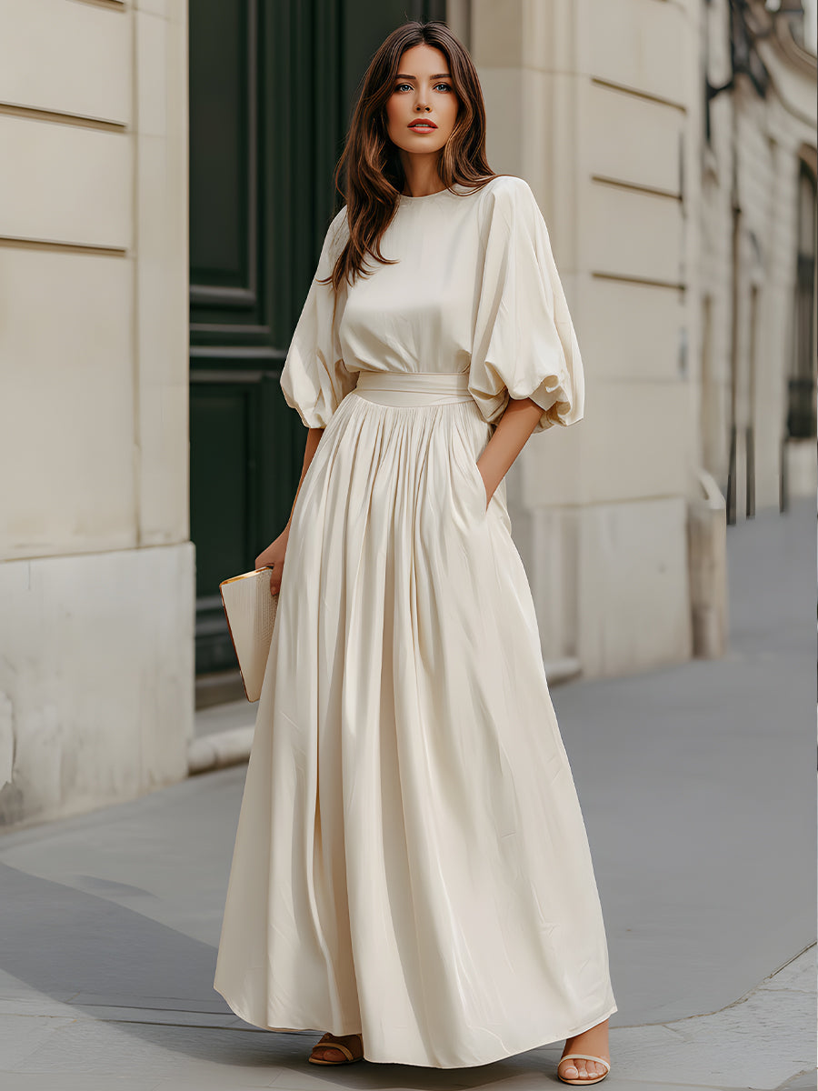 Olivia Bennet | Round Neck Puff Sleeve Gathered Waist Maxi Dress