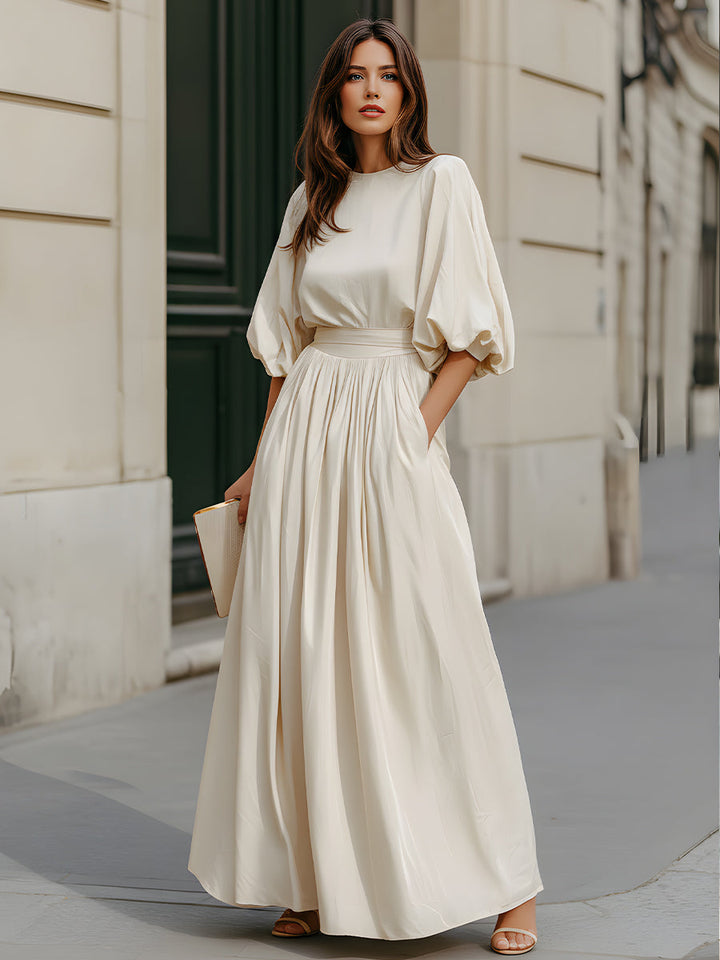 Olivia Bennet | Round Neck Puff Sleeve Gathered Waist Maxi Dress
