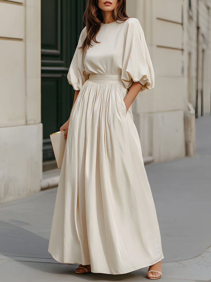 Olivia Bennet | Round Neck Puff Sleeve Gathered Waist Maxi Dress
