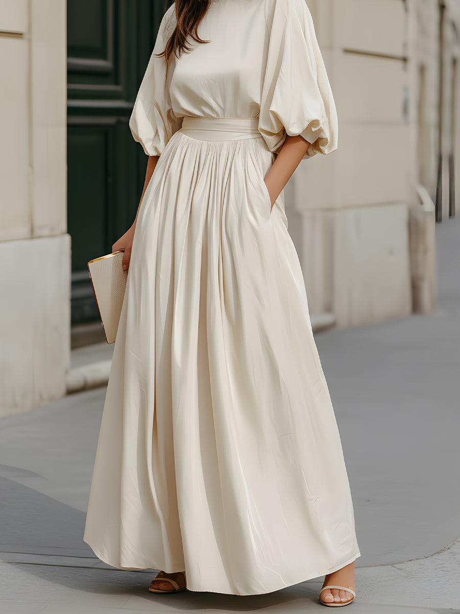 Olivia Bennet | Round Neck Puff Sleeve Gathered Waist Maxi Dress
