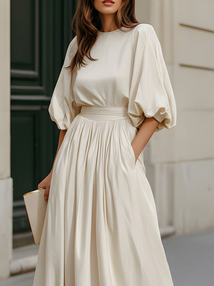 Olivia Bennet | Round Neck Puff Sleeve Gathered Waist Maxi Dress