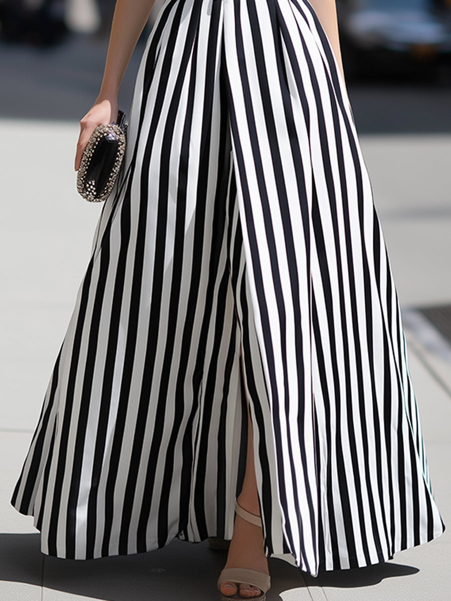 Olivia Bennet | Striped Sleeveless Belted Elegant Dress