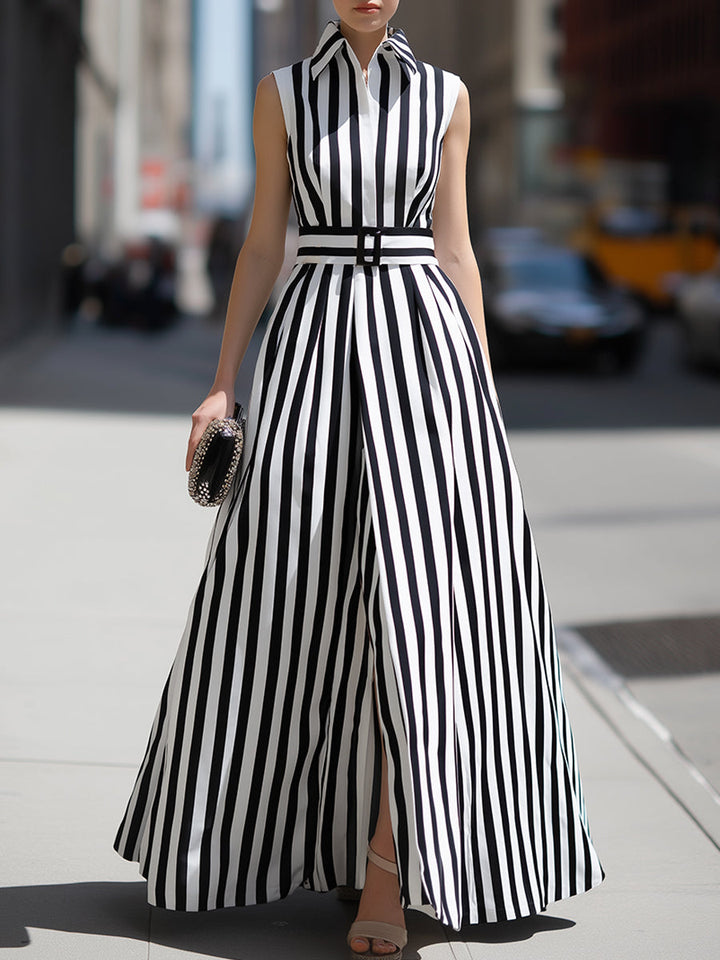 Olivia Bennet | Striped Sleeveless Belted Elegant Dress