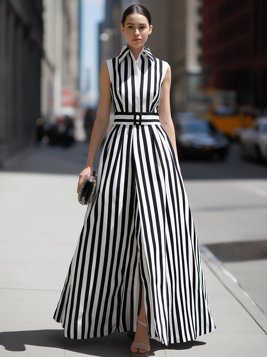 Olivia Bennet | Striped Sleeveless Belted Elegant Dress