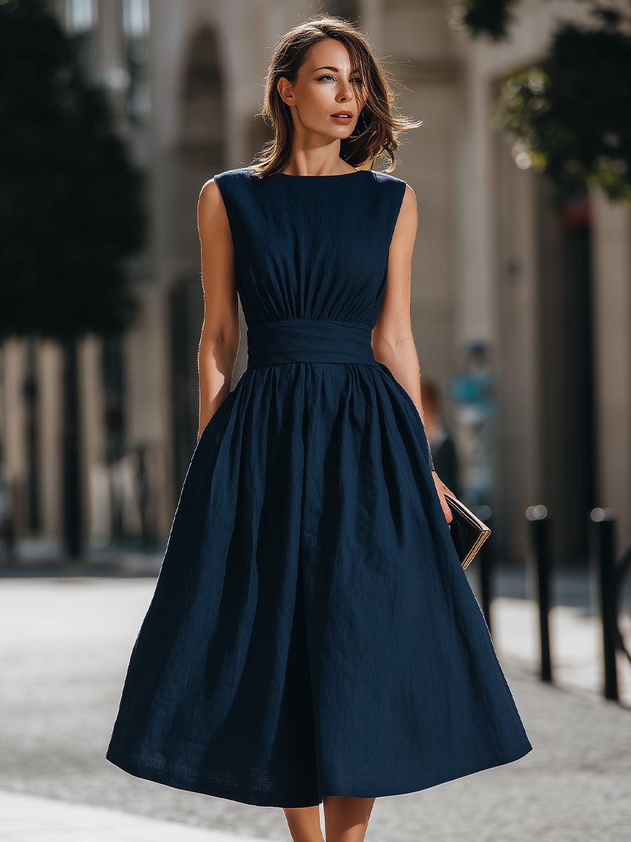 Olivia Bennet | Gathered Waist Sleeveless A-Line Midi Dress