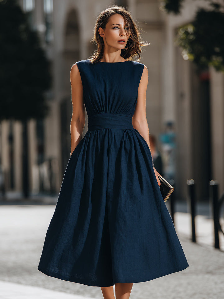 Olivia Bennet | Gathered Waist Sleeveless A-Line Midi Dress