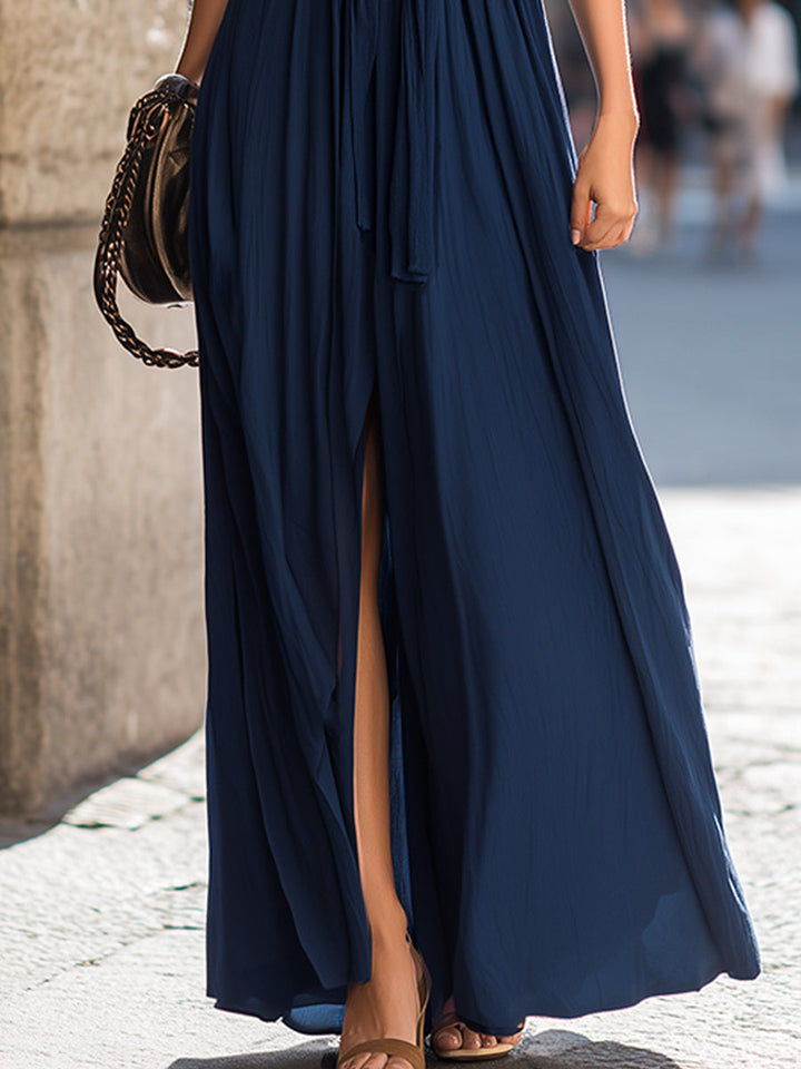 Olivia Bennet | Halter Neck Ruched Knot Front Flowing Maxi Dress