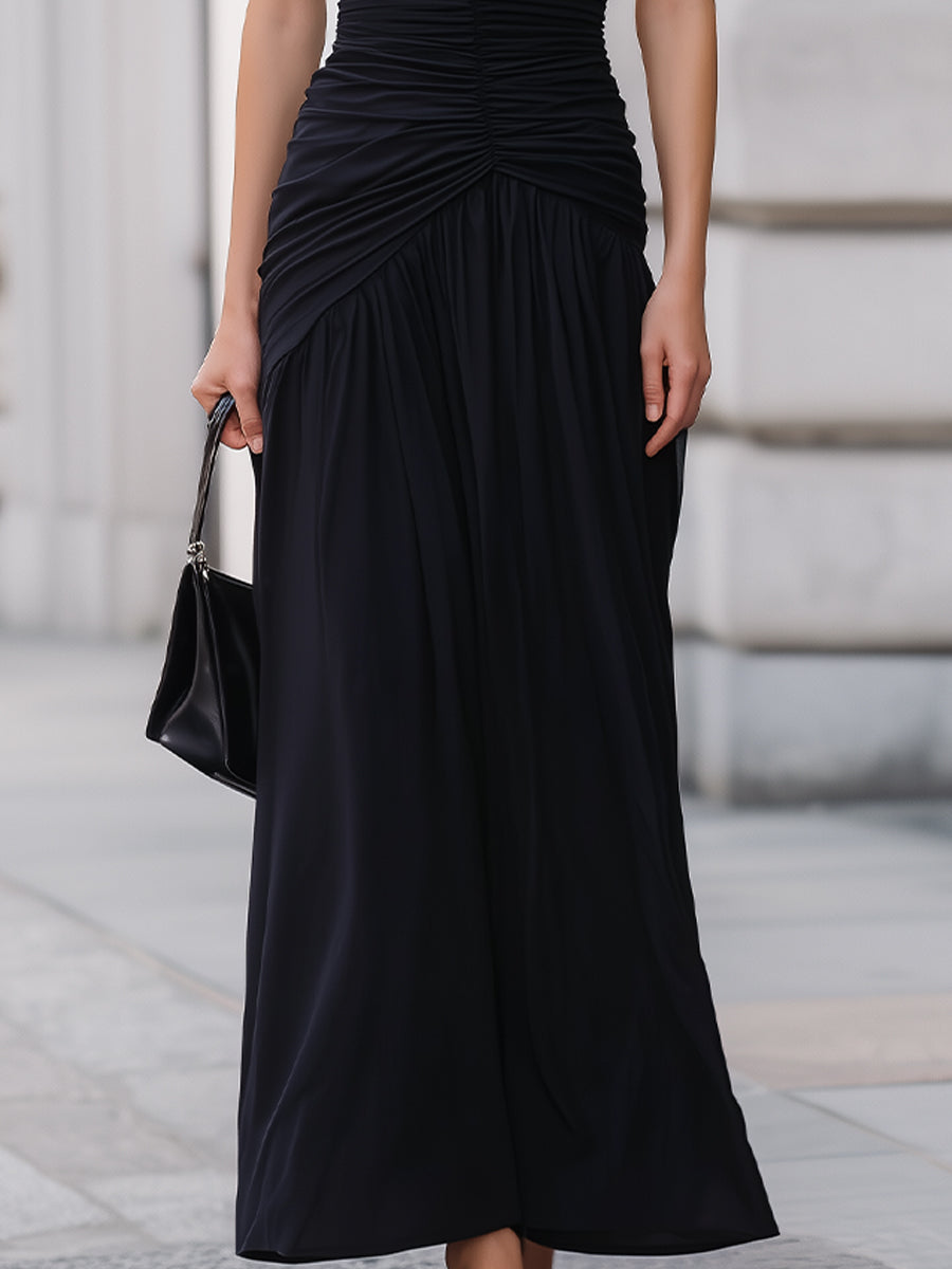 Olivia Bennet | Black One Shoulder Ruched Waist Flowy Maxi Dress