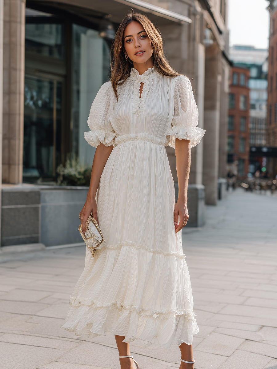 Olivia Bennet | Ruffled High Neck Tiered Midi Dress