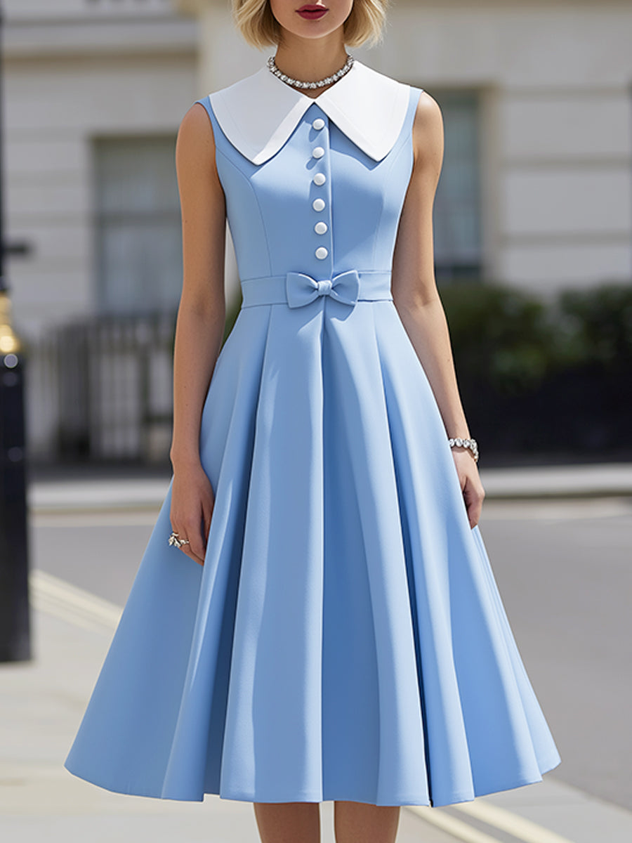 Olivia Bennet | Contrast Collar Button-Front Pleated A-Line Midi Dress