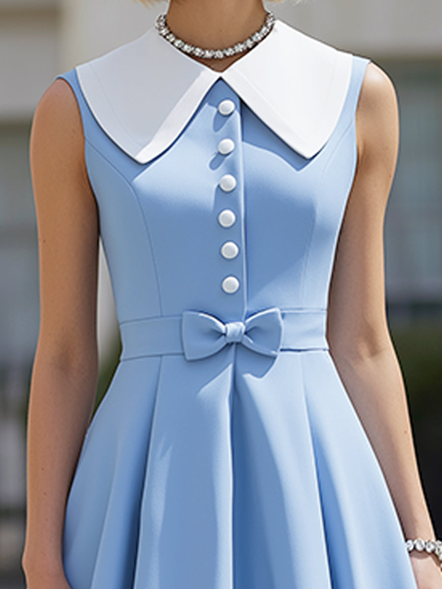 Olivia Bennet | Contrast Collar Button-Front Pleated A-Line Midi Dress