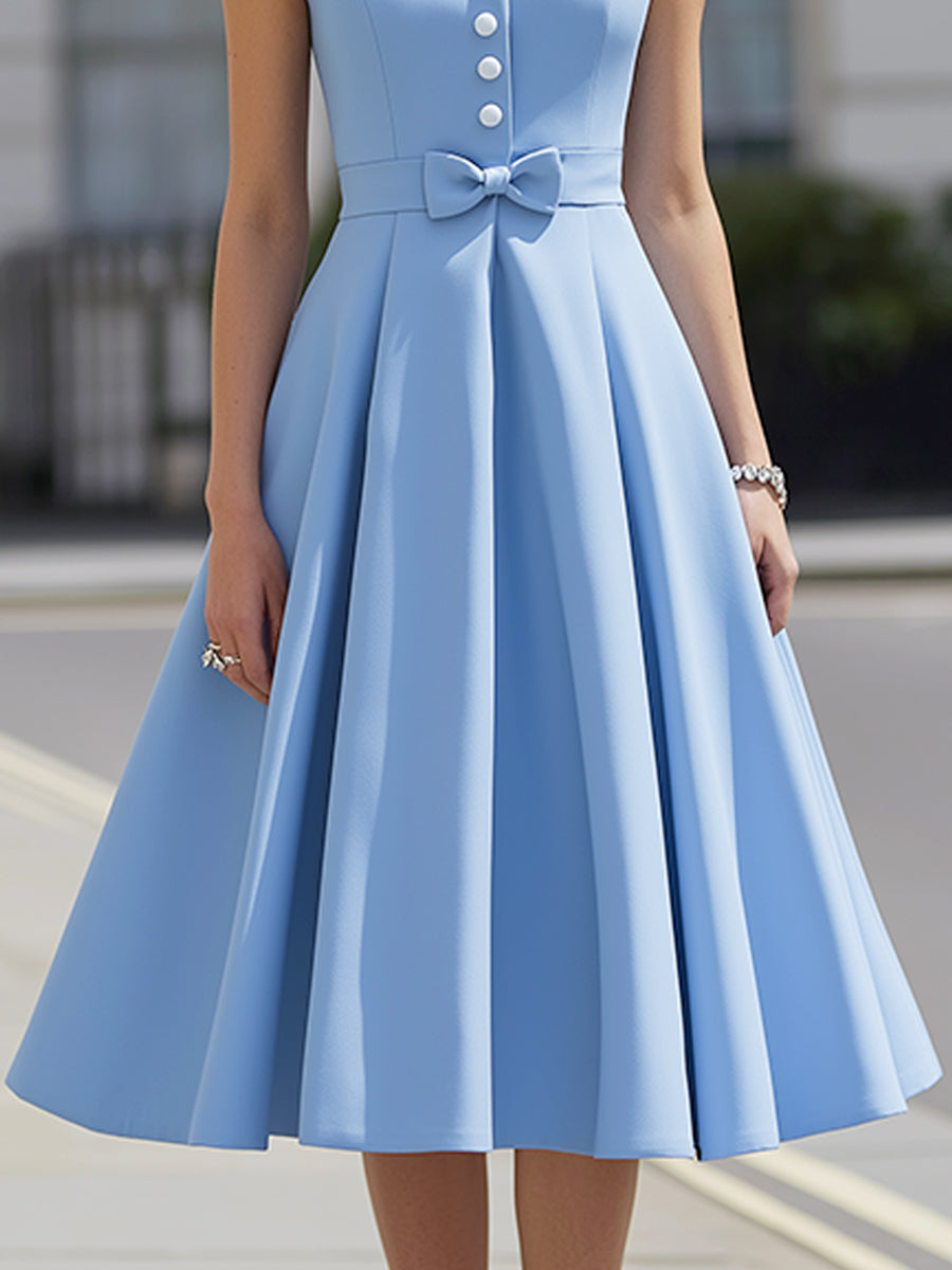 Olivia Bennet | Contrast Collar Button-Front Pleated A-Line Midi Dress