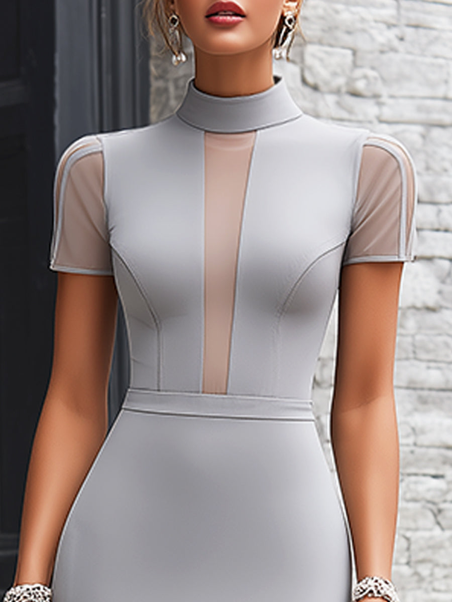 Olivia Bennet | High Neck Sheer Panel Sculpted Pencil Midi Dress
