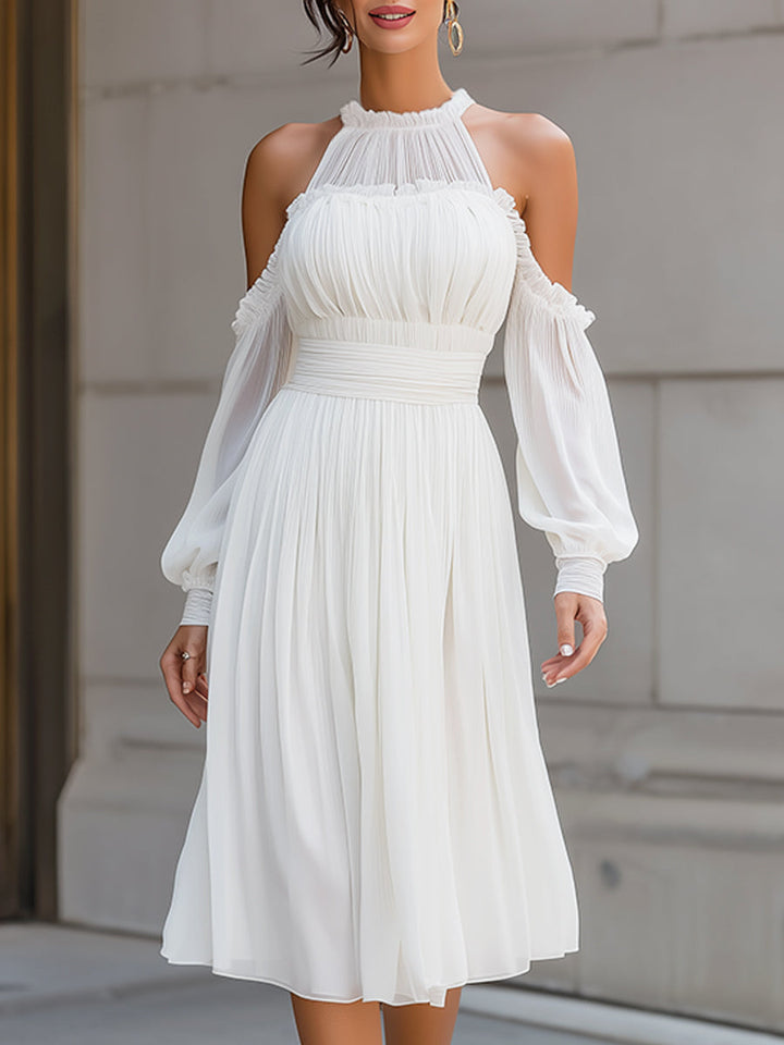 Olivia Bennet | High Neck Pleated Cold-Shoulder Chiffon Midi Dress