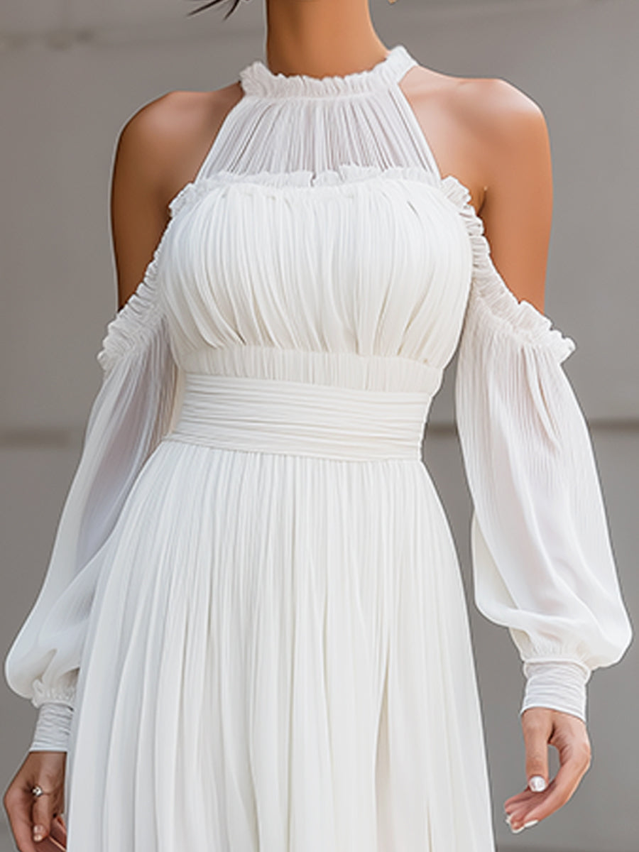 Olivia Bennet | High Neck Pleated Cold-Shoulder Chiffon Midi Dress