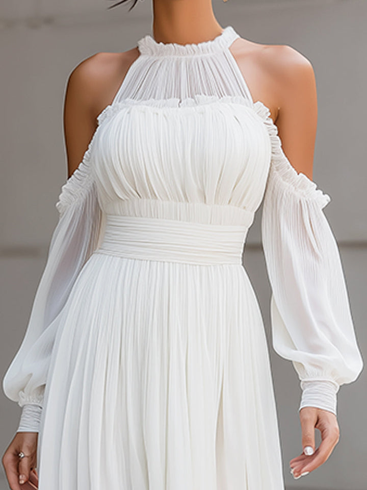 Olivia Bennet | High Neck Pleated Cold-Shoulder Chiffon Midi Dress