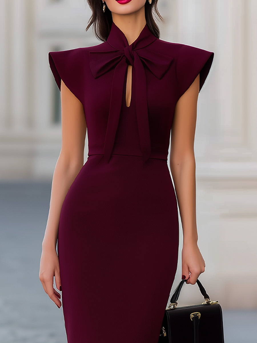 Olivia Bennet | Burgundy Ruffle Shoulder Bow Tie Neck Bodycon Midi Dress