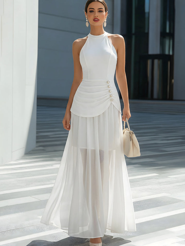 Olivia Bennet | Elegant Halter Neck Ruched Waist Flowy Chiffon Maxi Dress