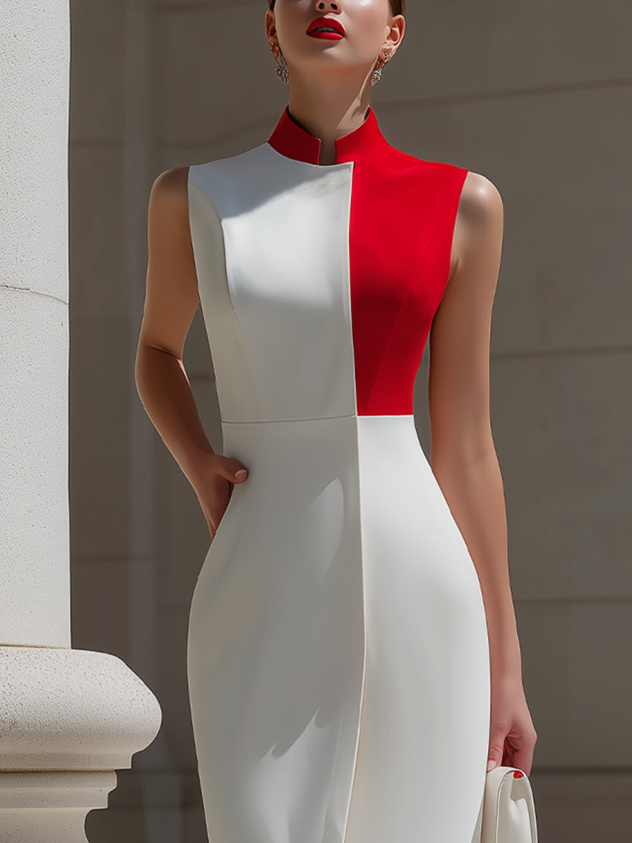 Olivia Bennet | Red & White Color Block Mandarin Collar Bodycon Midi Dress With Front Slit