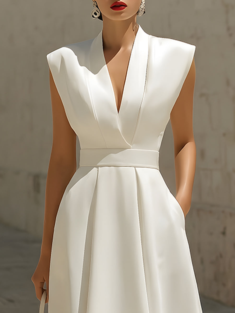 Olivia Bennet | Elegant V-Neck Sleeveless Belted A-Line Midi Dress