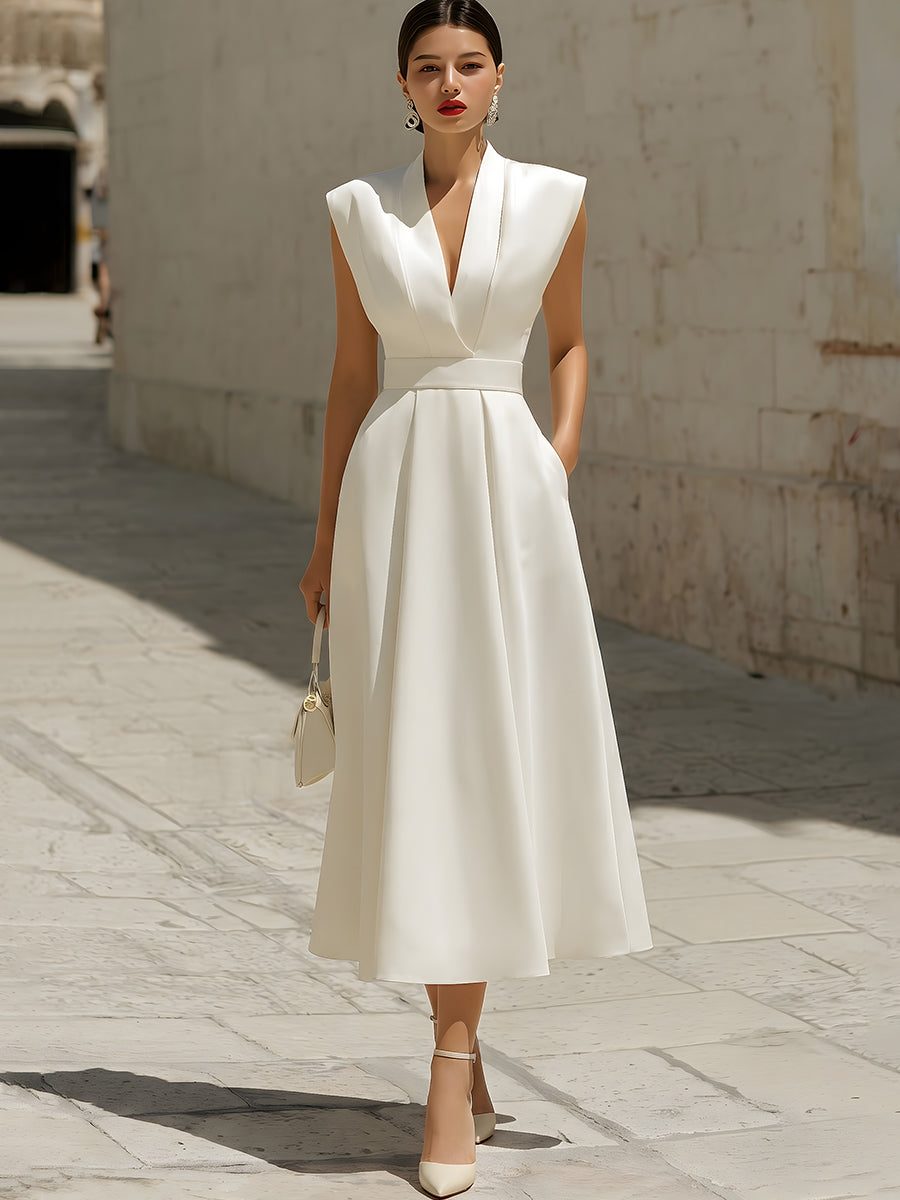 Olivia Bennet | Elegant V-Neck Sleeveless Belted A-Line Midi Dress