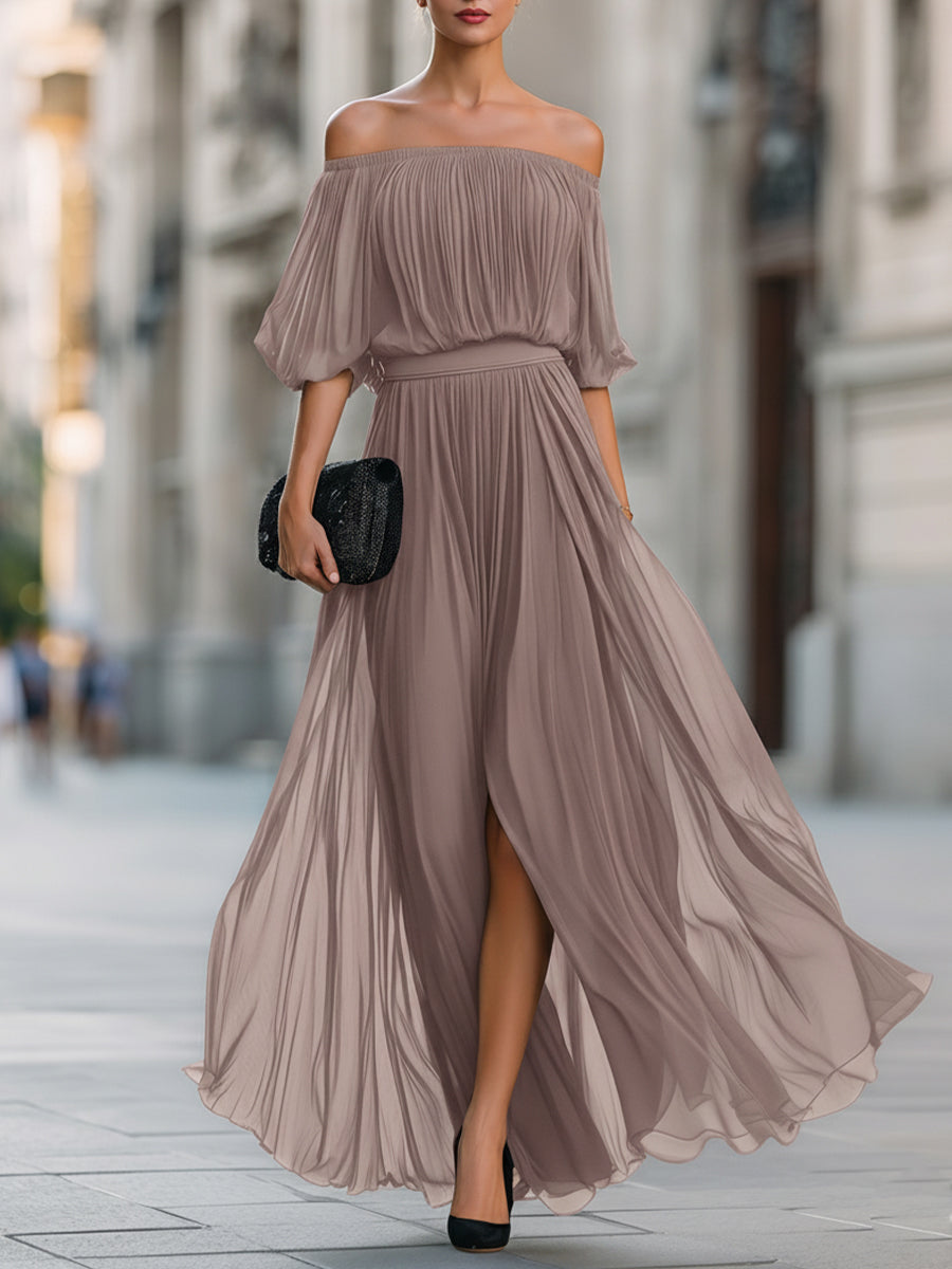 Olivia Bennet | Off-Shoulder Pleated Chiffon Maxi Dress
