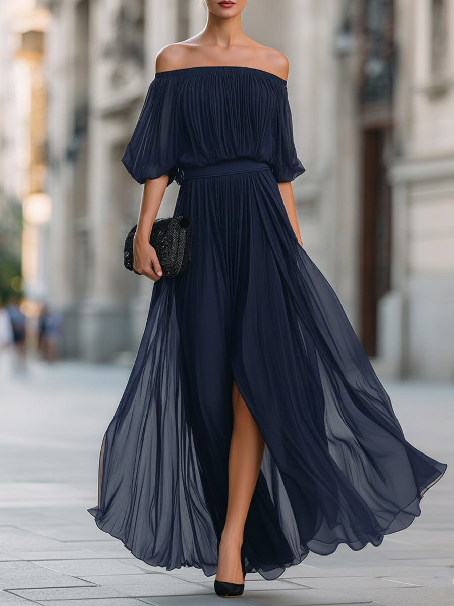 Olivia Bennet | Off-Shoulder Pleated Chiffon Maxi Dress
