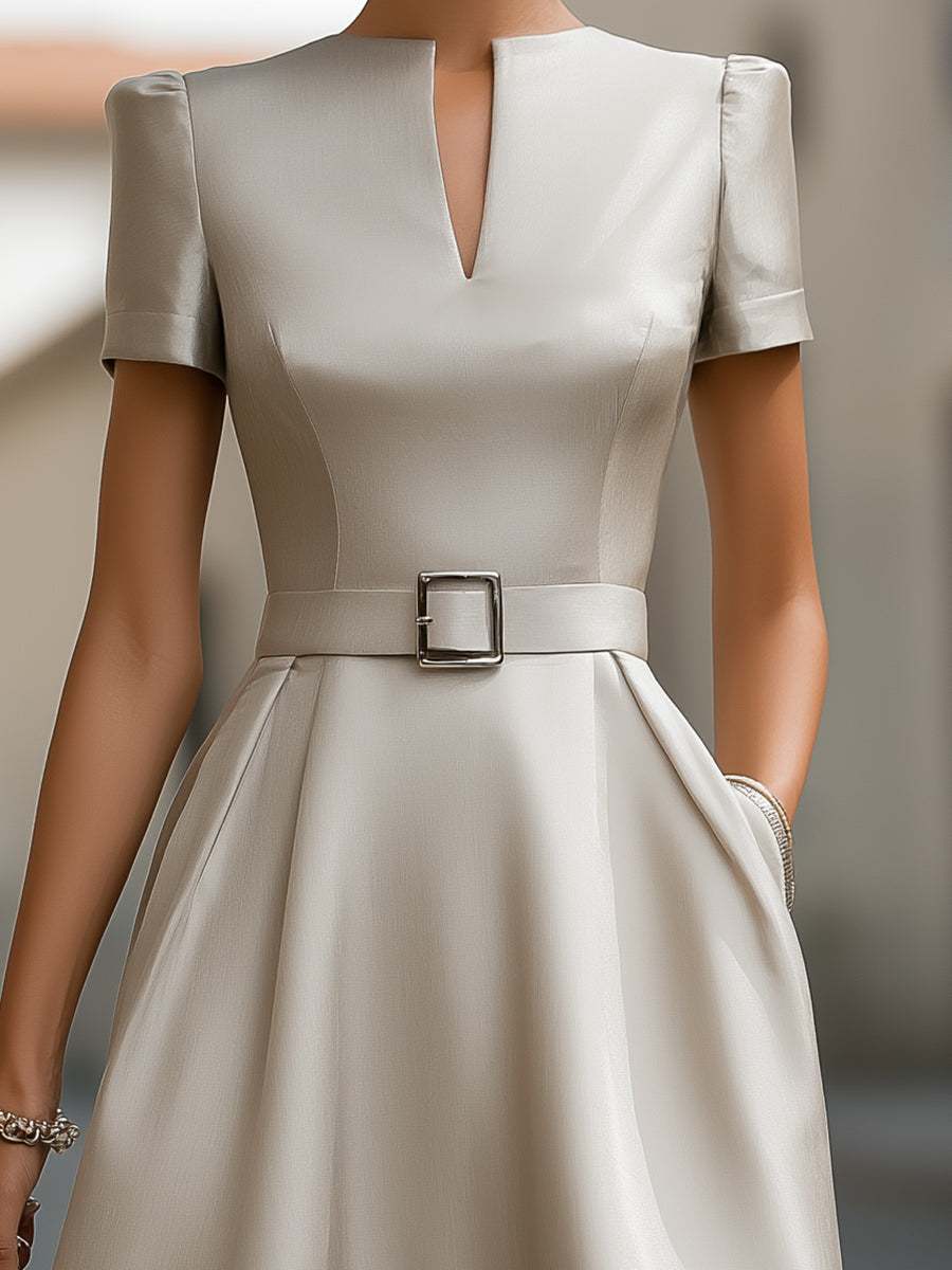 Olivia Bennet | Elegant Neck Belted Satin Midi Dress