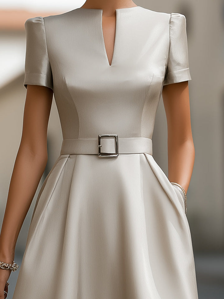 Olivia Bennet | Elegant Neck Belted Satin Midi Dress