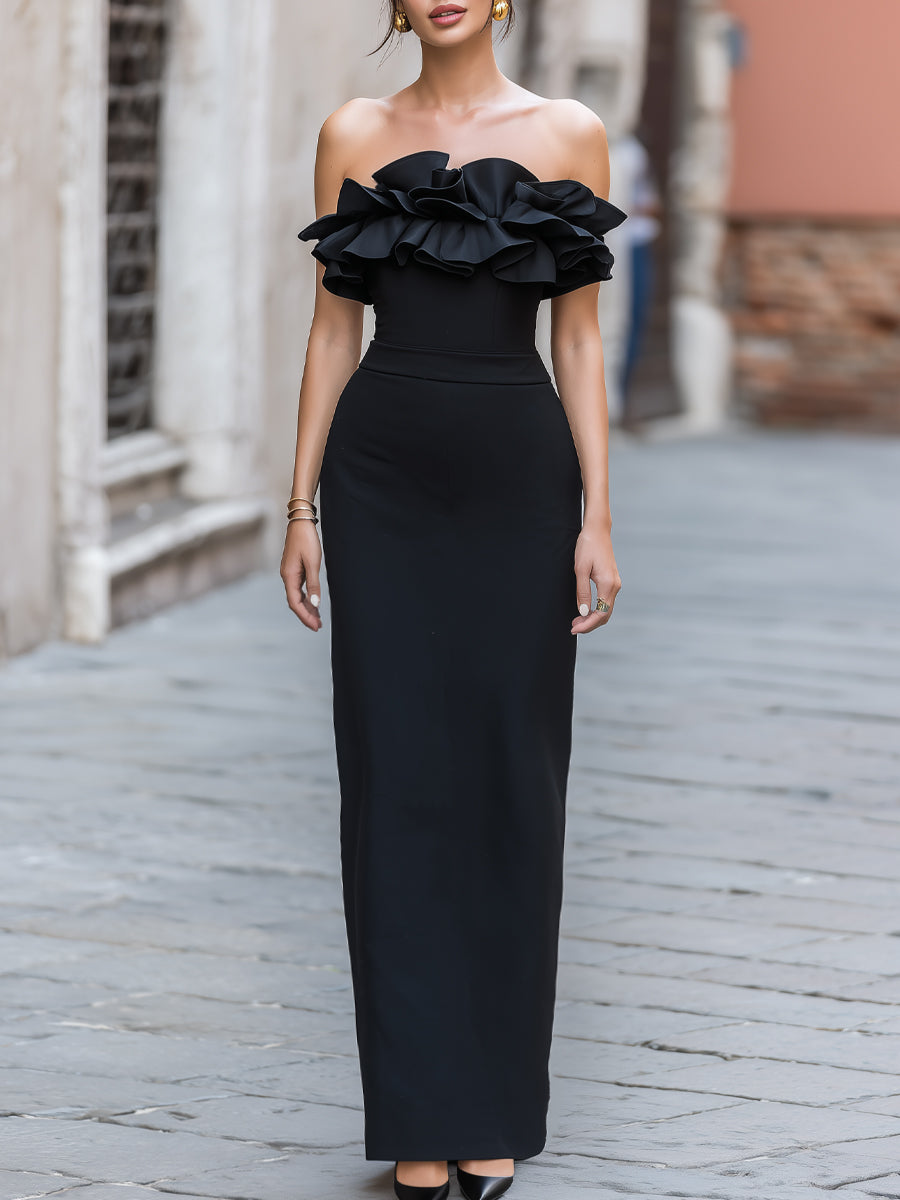 Olivia Bennet | Off-Shoulder Ruffle Bodice Sculpted Maxi Dress