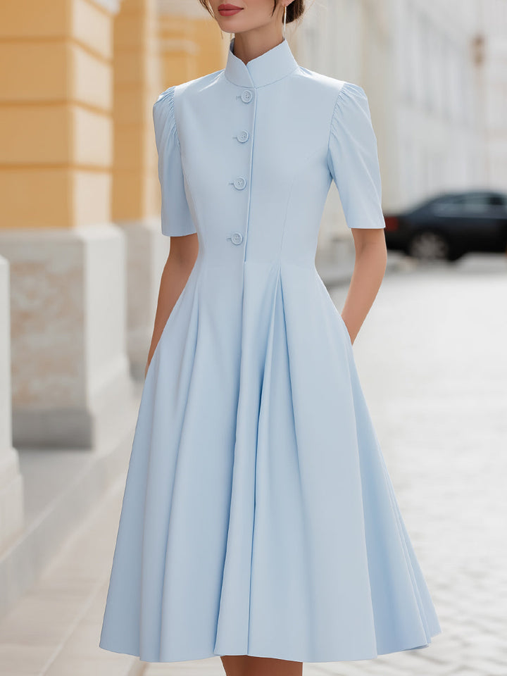 Olivia Bennet | Stand Collar Button-Front Pleated A-Line Midi Dress