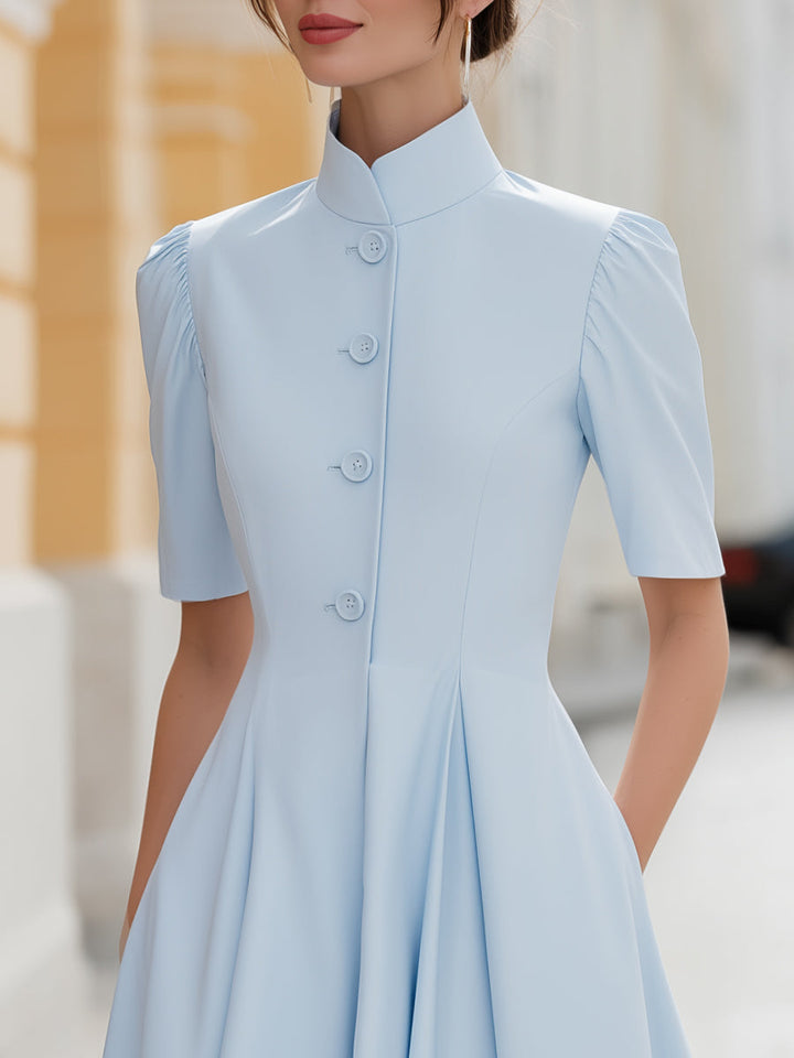 Olivia Bennet | Stand Collar Button-Front Pleated A-Line Midi Dress