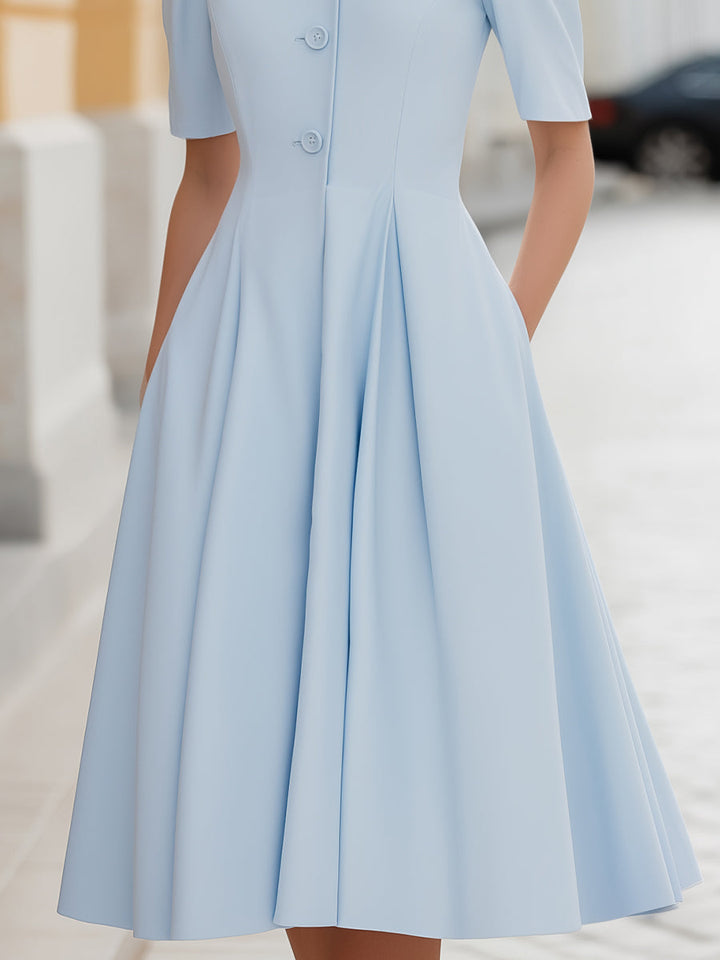 Olivia Bennet | Stand Collar Button-Front Pleated A-Line Midi Dress