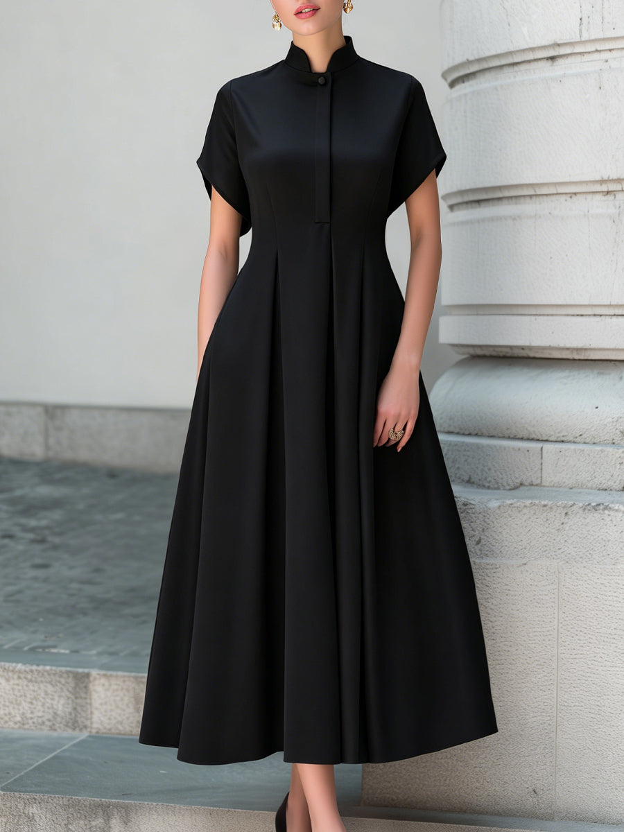 Olivia Bennet | Stand Collar Pleated A-Line Maxi Dress
