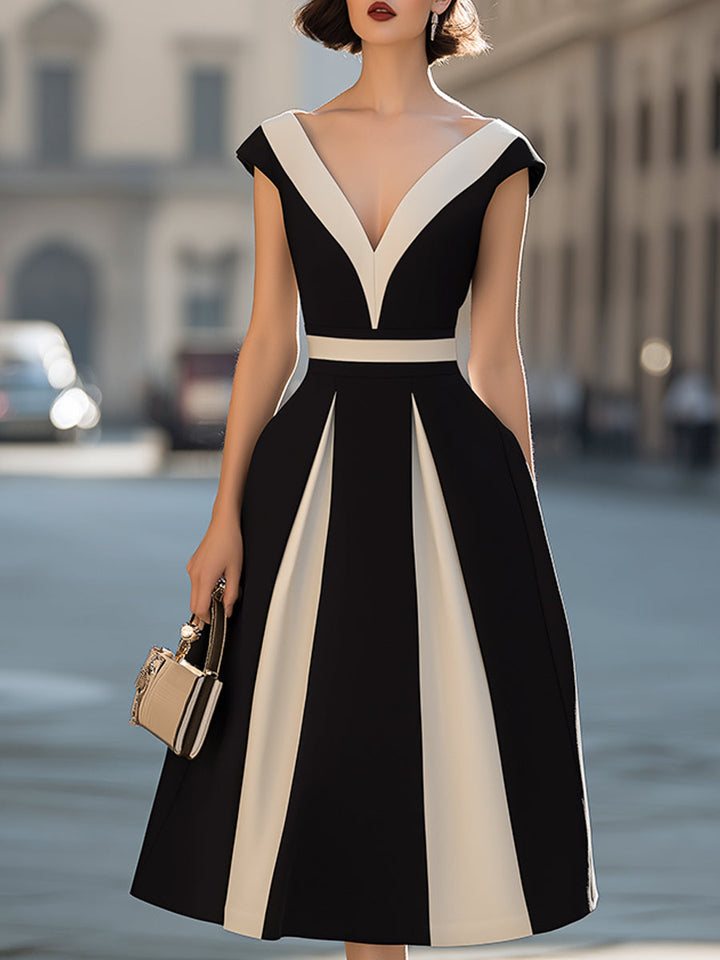 Olivia Bennet | Contrast Panel V-Neck A-Line Midi Dress