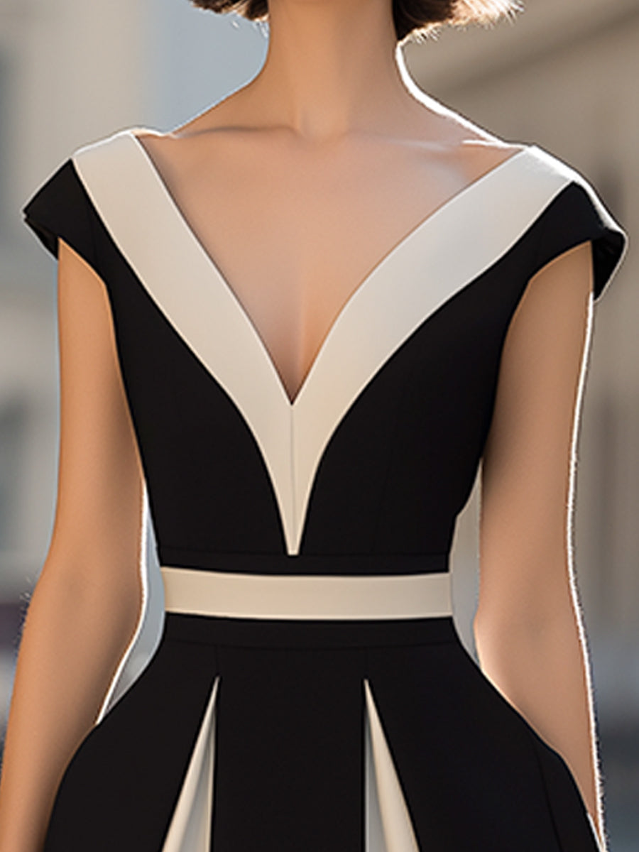 Olivia Bennet | Contrast Panel V-Neck A-Line Midi Dress