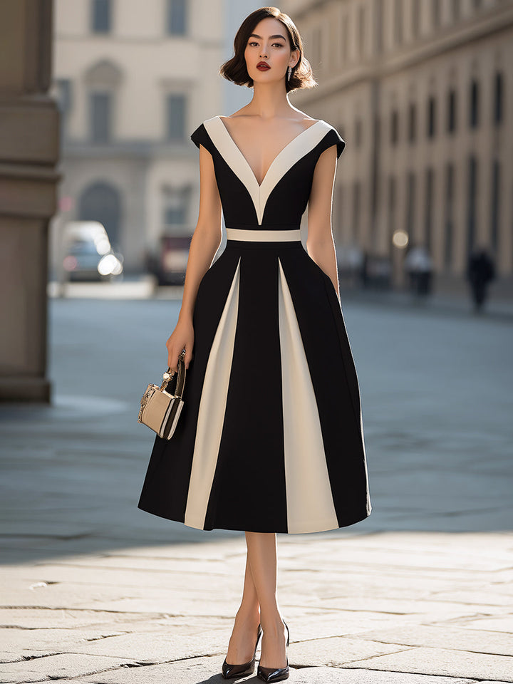 Olivia Bennet | Contrast Panel V-Neck A-Line Midi Dress