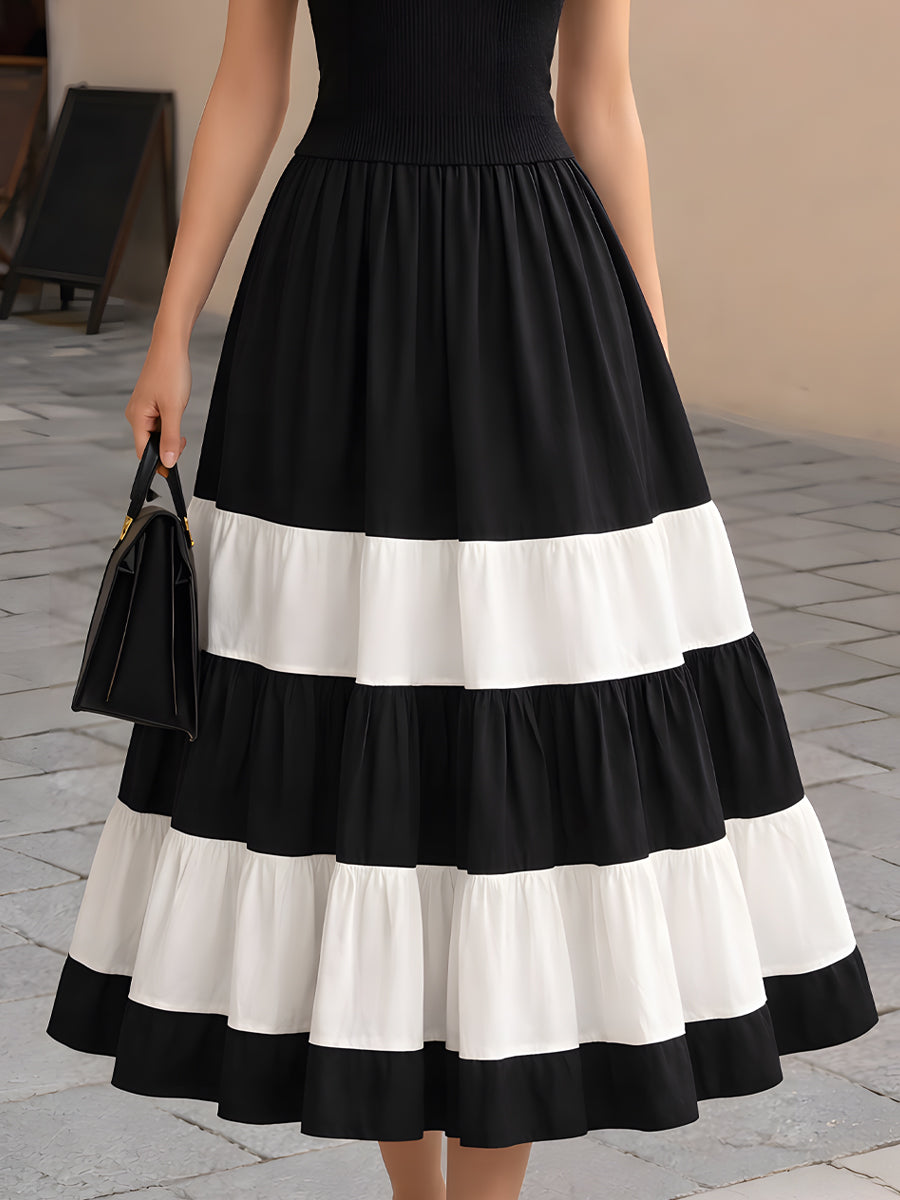 Olivia Bennet | High-Neck Ribbed Knit Contrast Tiered Maxi Dress