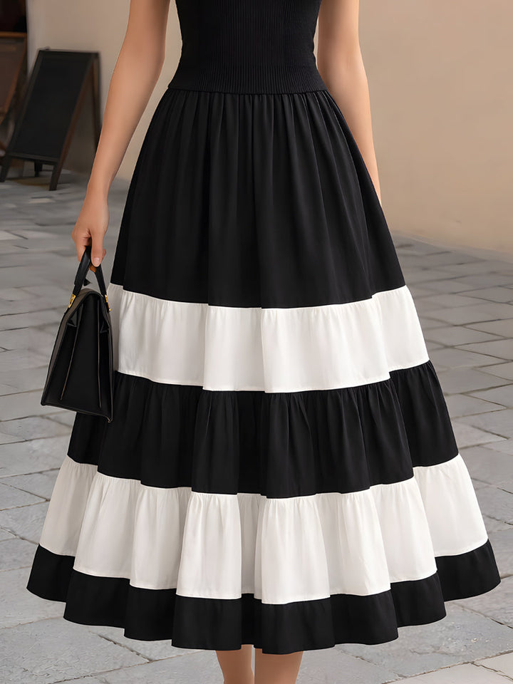 Olivia Bennet | High-Neck Ribbed Knit Contrast Tiered Maxi Dress