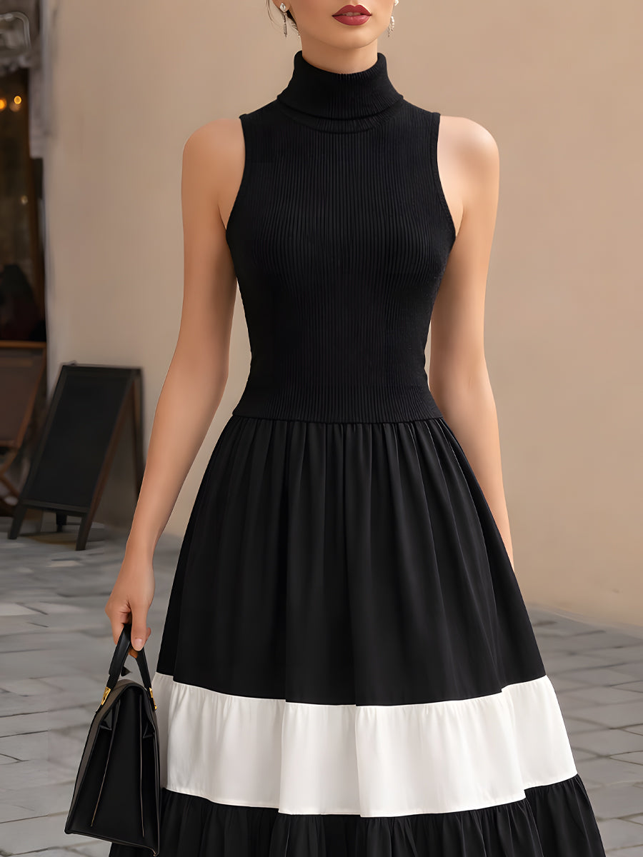 Olivia Bennet | High-Neck Ribbed Knit Contrast Tiered Maxi Dress