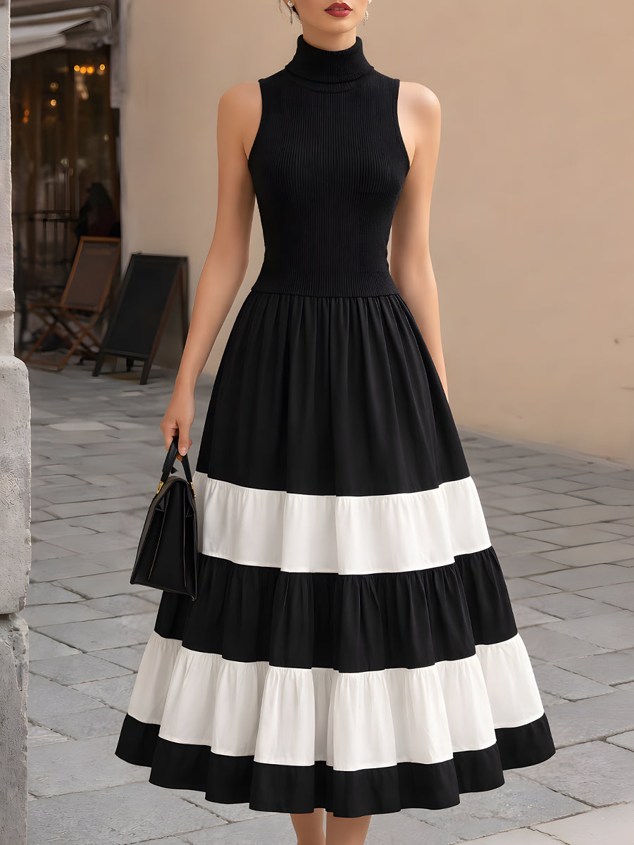 Olivia Bennet | High-Neck Ribbed Knit Contrast Tiered Maxi Dress