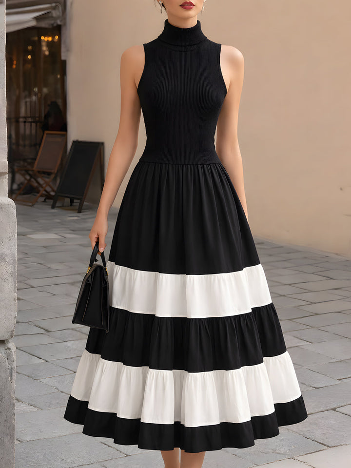 Olivia Bennet | High-Neck Ribbed Knit Contrast Tiered Maxi Dress