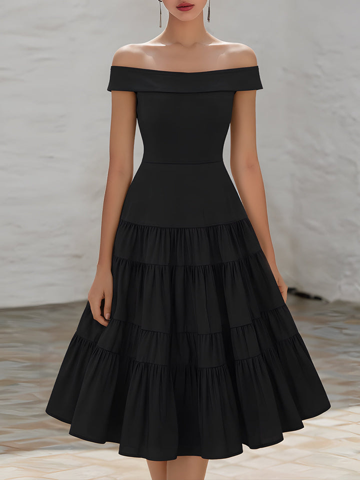 Olivia Bennet | Off-Shoulder Tiered Ruffle A-Line Midi Dress
